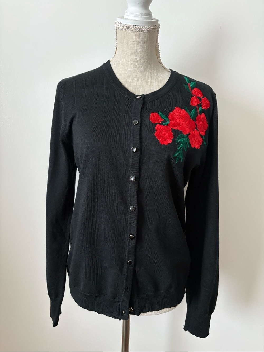 Black Button-Up Cardigan with Red Floral Embroidery